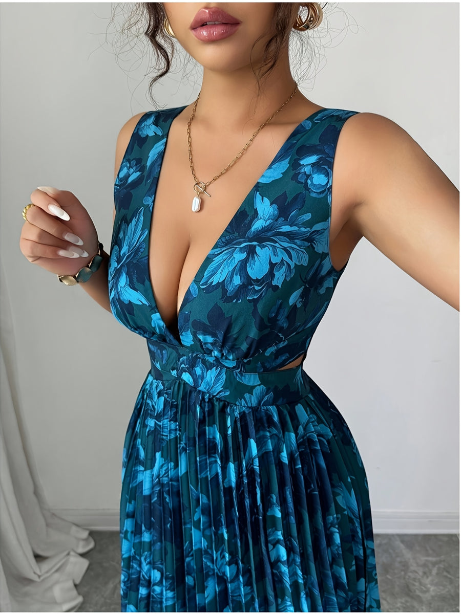 Exquisite Fashionable Party Attire Wedding Guest Graduation Birthday Evening Gown Women'S Elegant Floral Digital Print Pleated Split Design Sexy Deep V-Neck Backless Long-Length Dress Bridesmaid Dress Women'S - Multicolor