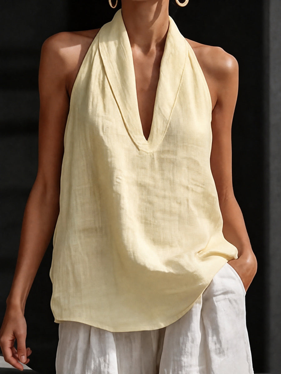Women' French-Style Off-Shoulder Halter Neck T-Shirt - Solid Color Sleeveless Top, Machine Washable Suitable for Casual, Commuting, Banquets & Dates, Elegant Versatile for Year-Round Wear - Yellow
