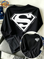 Warner Bros. Official - Superman Graffiti Texture S Logo Print, Men'S Versatile Long Sleeve, Spring And Autumn Season Adaptation, Casual Street Clothing Top, Daily Leisure Vacation Gift - Black