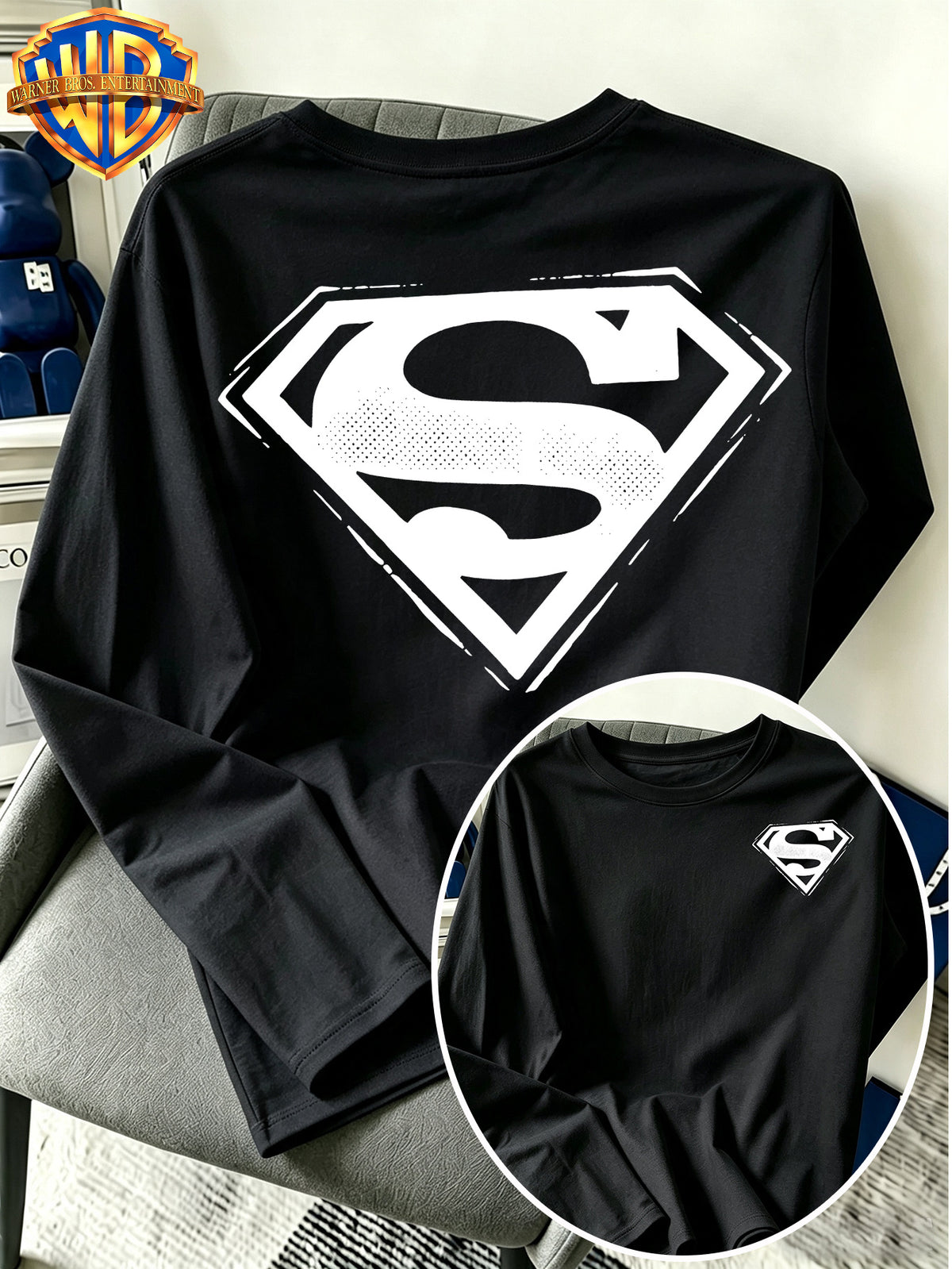 Warner Bros. Official - Superman Graffiti Texture S Logo Print, Men'S Versatile Long Sleeve, Spring And Autumn Season Adaptation, Casual Street Clothing Top, Daily Leisure Vacation Gift - Black
