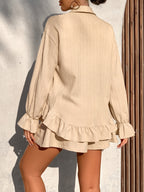 Women's 3pcs Summer Set, Solid Color Ruffle Trim Camisole Top + High-Waist Shorts + Long-Sleeve Button-Up Shirt, Casual Vacation Beachwear - Apricot