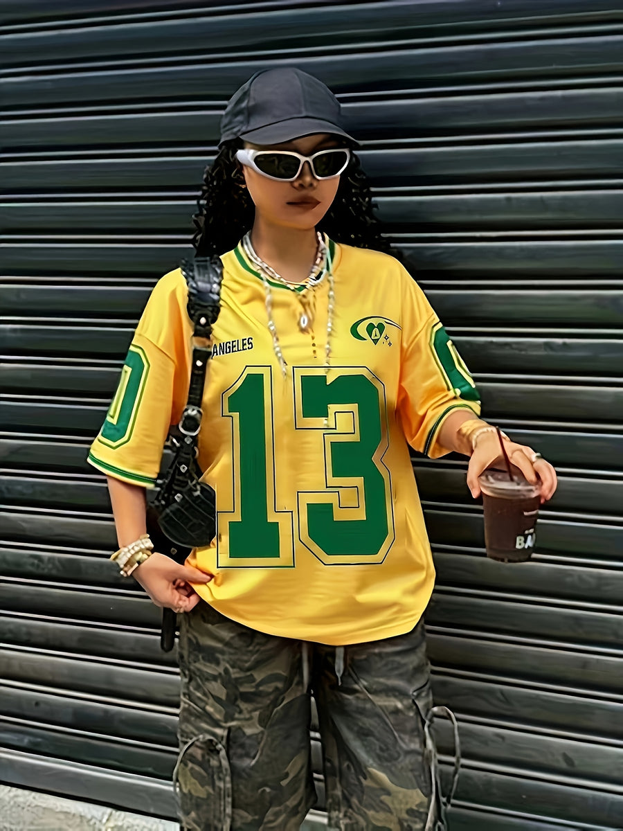 Women's Street Style Academic Drop-Shoulder T-Shirt, Printed with "33.02cm Number and "Los Angeles" Lettering, Stretchy, Drop-Shoulder Sleeves, The Best Gift for Family, Soft Polyester Fiber, Machine Washable, Travel and Casual Wear, Lightweight Top - Bright Yellow