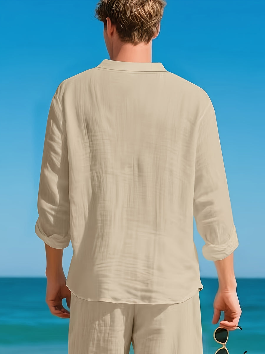 2026 Cross-border American Loose Fit Linen Henley Shirt, All Season Solid Color Breathable Stand Collar Long Sleeve T Shirts for Men Casual Daily Tops - Khaki