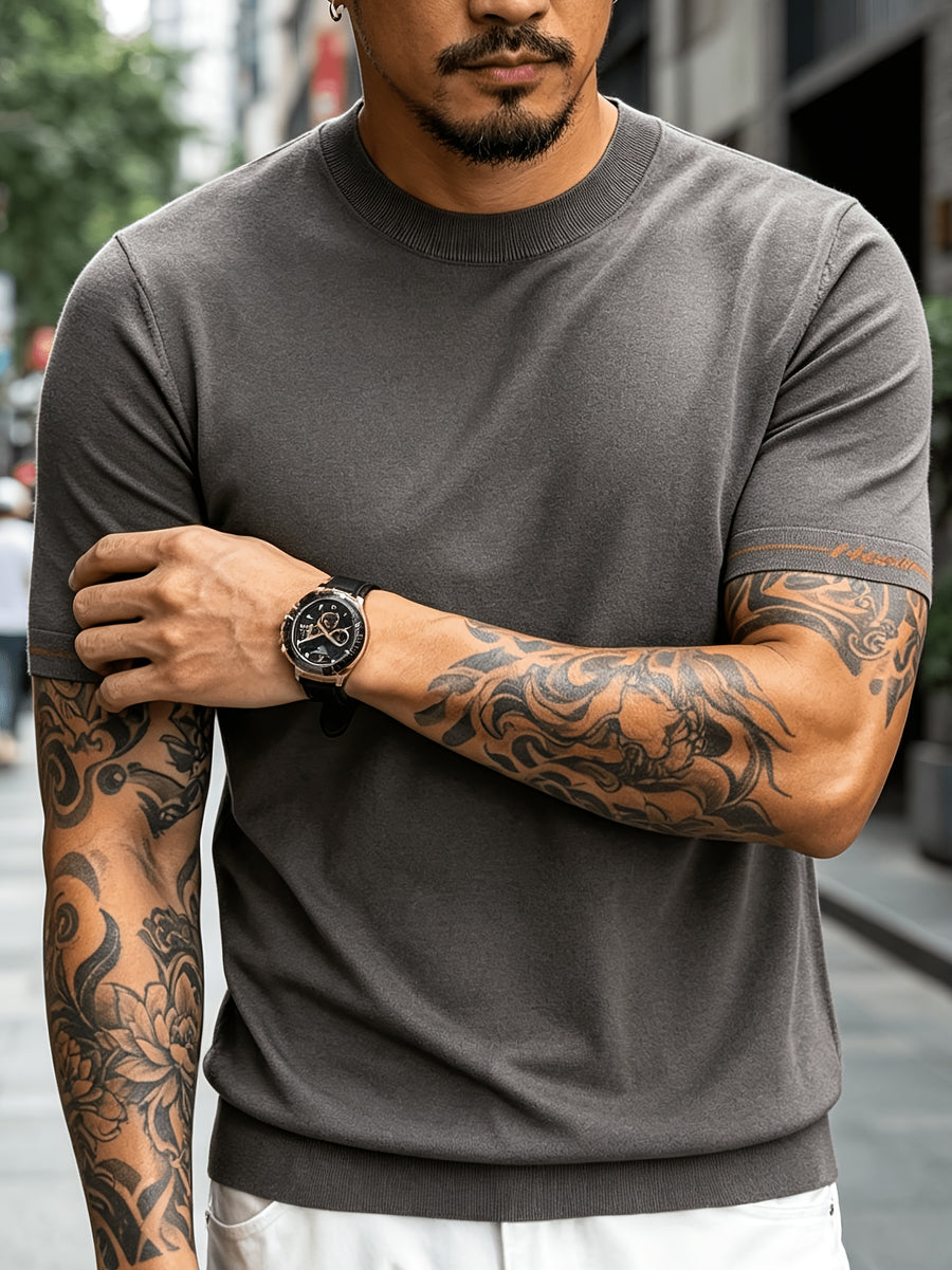 Men' Summer Short-Sleeve Knit Shirt with White-Trimmed Cuff - Stretchable Round Neck -Compatible Suitable for Urban Streetwear & Business Casual, Solid Color Multi-Color Tunic Top for Commuting and Office Wear - Rock Ash