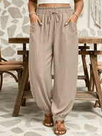 Plus Size - All Seasons Plus Size Beautiful Women'S Casual -Like Rubber High-Waist Scalloped Trim Tie-Pocket Women'S Long Pants, Casual Daily Versatile Vacation Holiday Style - Apricot