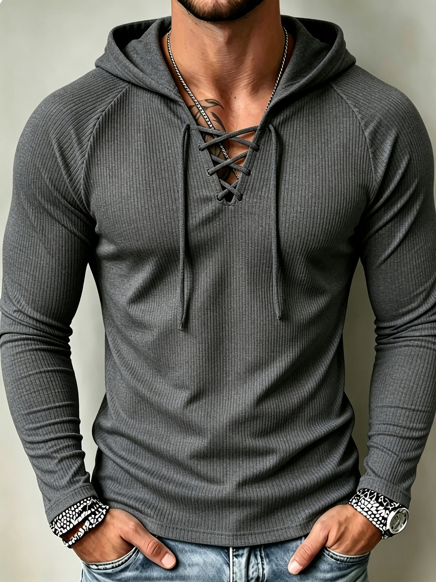[Josh Mei OBM] American Retro Men'S Slim Fit Ringer Hooded Long Sleeve Shirt, Cross-Tie Deep V Design Elastic Texture Long Sleeve, Outdoor Casual Fitness Hat T - Dark Gray