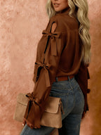 Women'S Solid Color Bow Decorated Long Sleeve Single-Button Shirt, Suitable for Office, Home, Street, And Administration - Coffee Brown