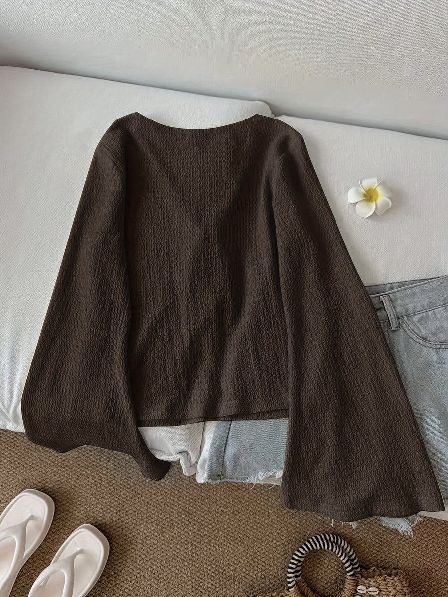 Vintage Casual Bow Tie Bell Sleeve Thin Women'S Jacket for Spring, Autumn, And Summer - Dark Brown