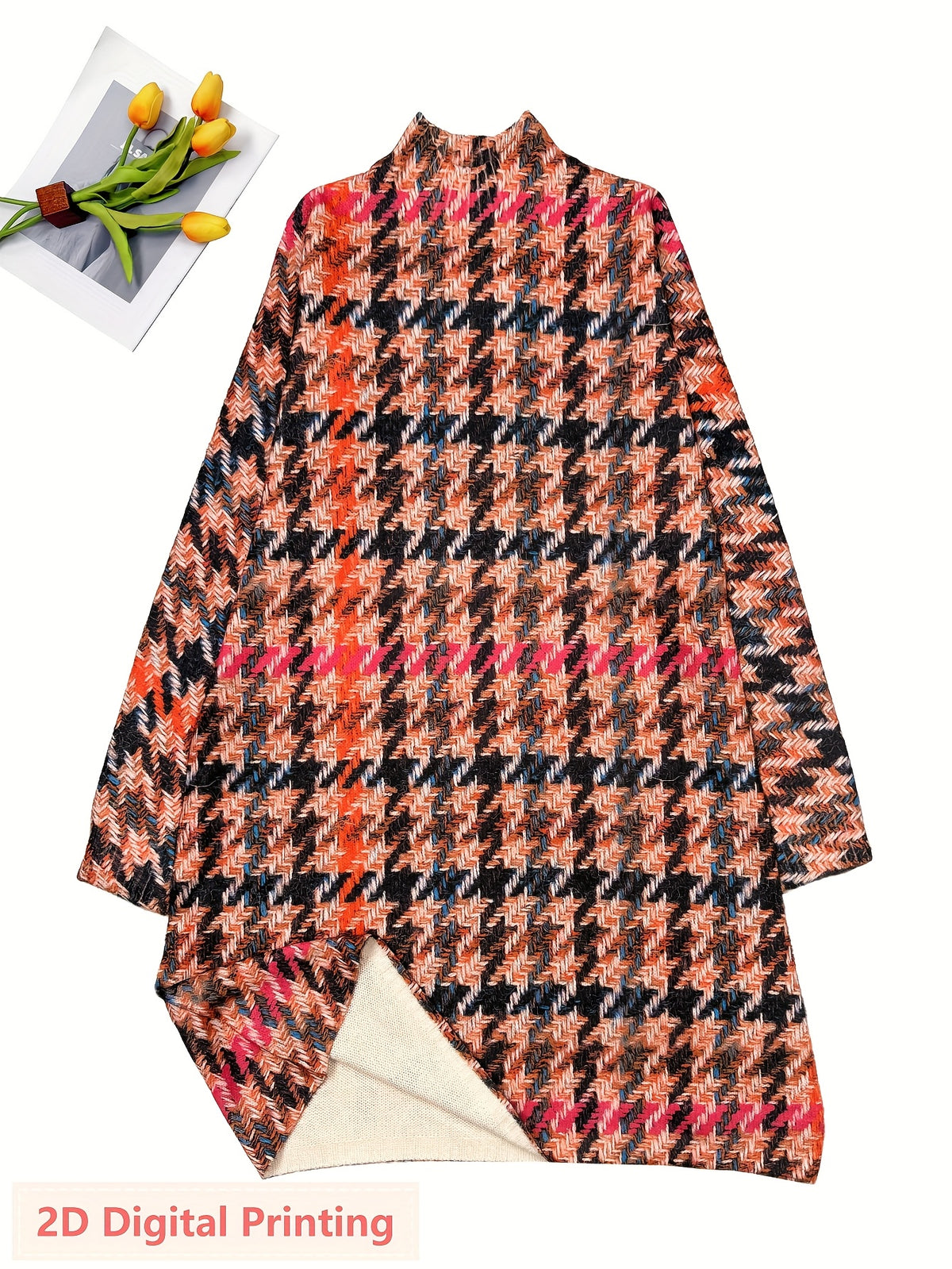 Women'S Turtleneck Sweater Dress, Long Sleeve Multicolor Houndstooth Pattern Print Pullover, Soft Material, Slim Fit Look for Fall Winter - Orange Red