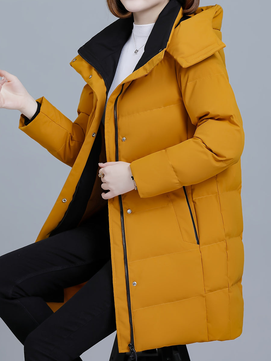 Women's Hooded Mid-Length Padded Coat with Black Contrast Lining, Zipper and Snap Button Double Front Placket, Plus Size Loose Fit, Checkered Overlock Stitching with Anti-Slip Padding, Drawstring Adjustable Hem, Zippered Side Pockets - Yellow