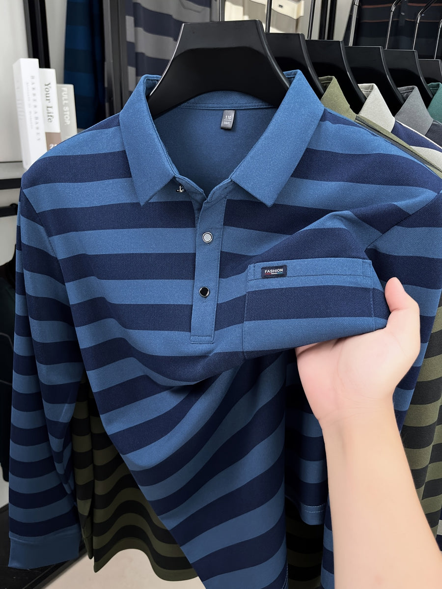 Minimalist Urban Striped Long-Sleeve Polo Shirt for Portable Daily Commuting - Blue