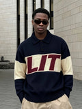 Autumn Winter Men'S Knit Sweater New American Color-Block Segmented Letter Jacquard Craft, Polo Neck Loose Drop Shoulder Long Sleeve Sweater, Casual Street Trendy Versatile Daily Party Wear - Navy Color