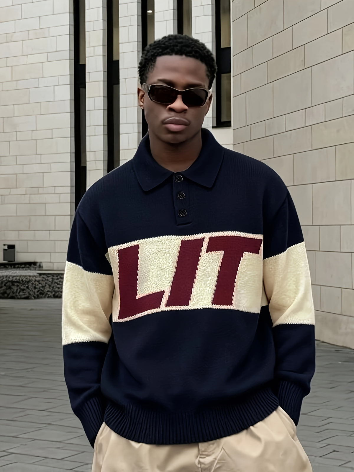 Autumn Winter Men'S Knit Sweater New American Color-Block Segmented Letter Jacquard Craft, Polo Neck Loose Drop Shoulder Long Sleeve Sweater, Casual Street Trendy Versatile Daily Party Wear - Navy Color