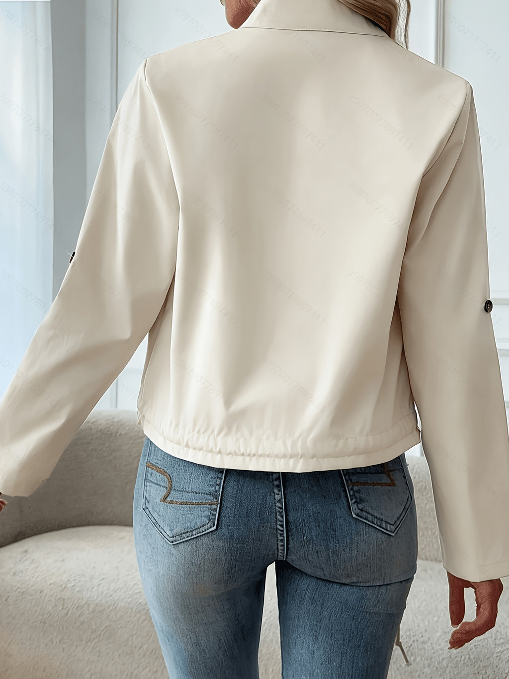Women'S Lightweight Stand-Collar Jacket – Fashionable Zippered Bomber with Decorative Front Pockets And Adjustable Drawstring Hem, Ideal Casual Street Style Outerwear for Spring And Autumn - Khaki