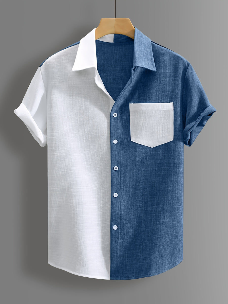 Fashion Contrast Color Men'S Short Sleeve Shirt, Casual Lapel Blouse Open Cardigan, Machine Washable, Hawaiian Beach Travel Party Style Casual Trendy Street Fashion Top, As a Gift - Blue