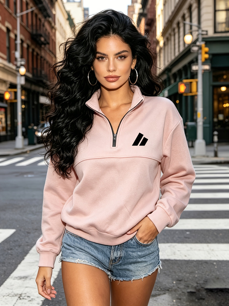 Women's Half-Zip Stand Collar Triangle Logo Print Sweatshirt, Casual Loose Drop-Shoulder Long-Sleeve Top, -Lined for Autumn/Winter, Versatile And - Pink Color