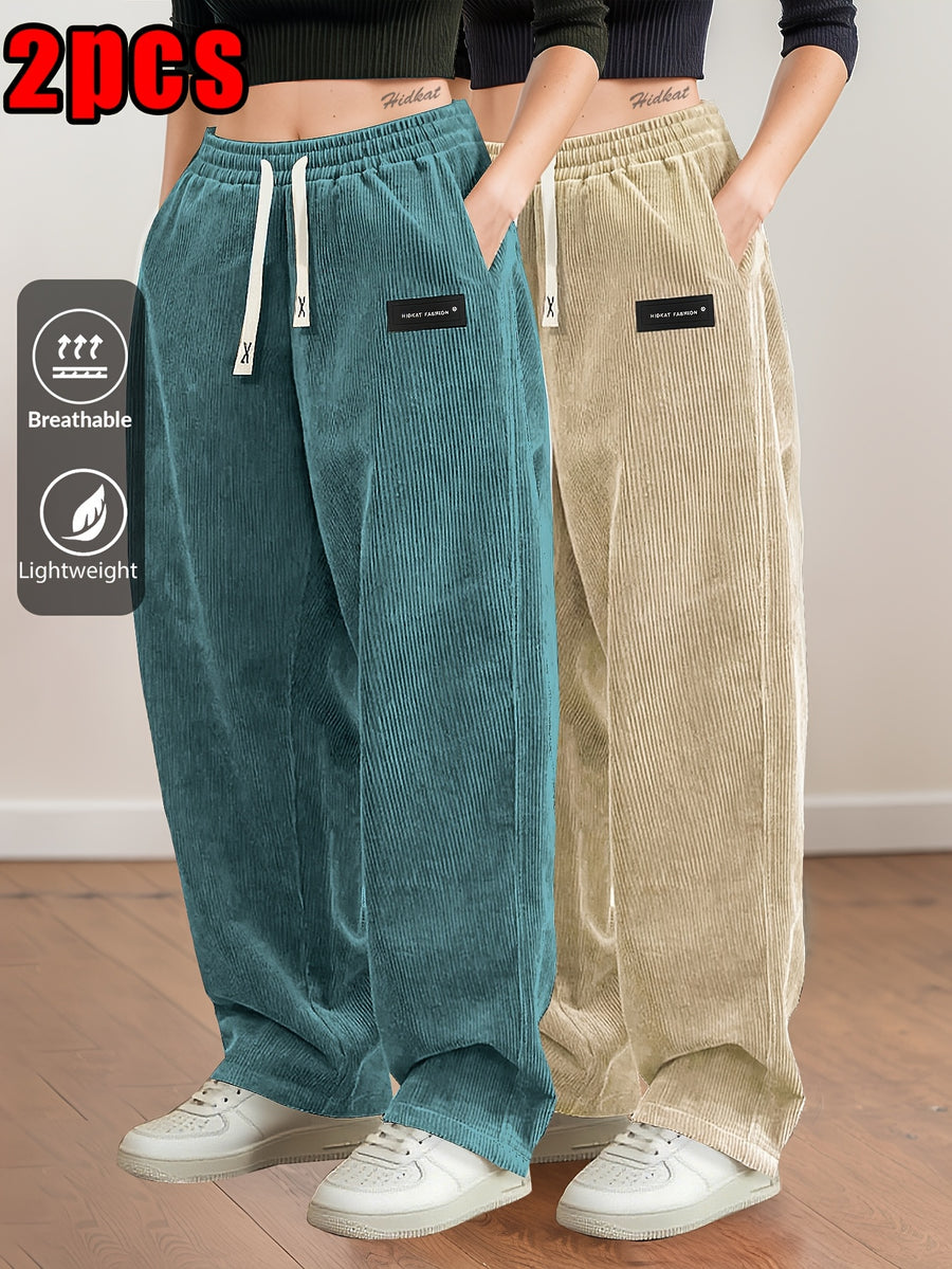 2pcs Women's Corduroy Pants, Spring/Autumn Elastic Waist with Drawstring, Back Pockets, Casual Trousers, Suitable for Casual, S, Dating, Etc. - Card + Blue