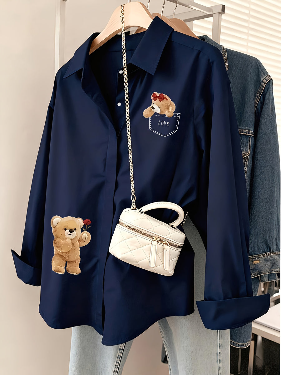Gentle Girly Style Shirt with Pocket, Bow, Little Bear, and Rose Print, Long Sleeve Loose Fit Daily Commute Age-Reducing Cardigan Top - Navy Color