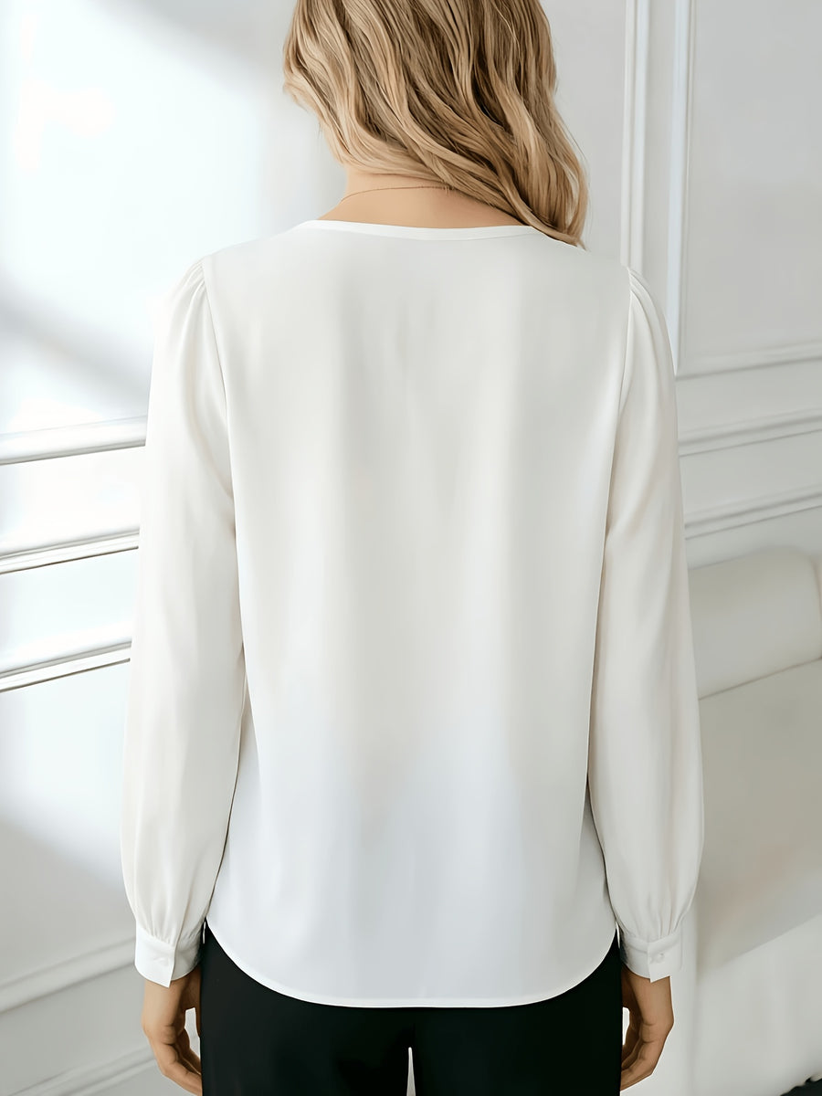 Spring/Autumn New Fashionable and Elegant Women's Round Neck Long Sleeve Shirt, Beautiful and Temperamental Top for Dates, Parties, and Commuting - White