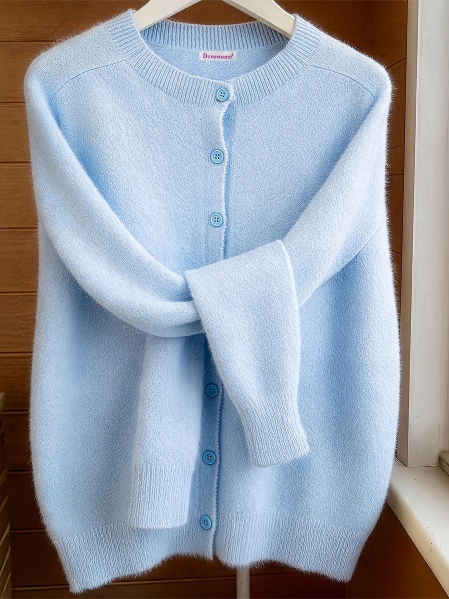 Spring Autumn Solid Color Round Neck Button Sweater Open Cardigan, Loose Casual Fashion Versatile Jacket, Soft Comfortable Elegant Women'S Top - Light Blue