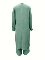 Ramadan, Women's Front-Button Long Sleeve Slit Dress & Pants Casual Arabic Style 2pcs Set, Only Clothes, Without Headscarf - Polychrome