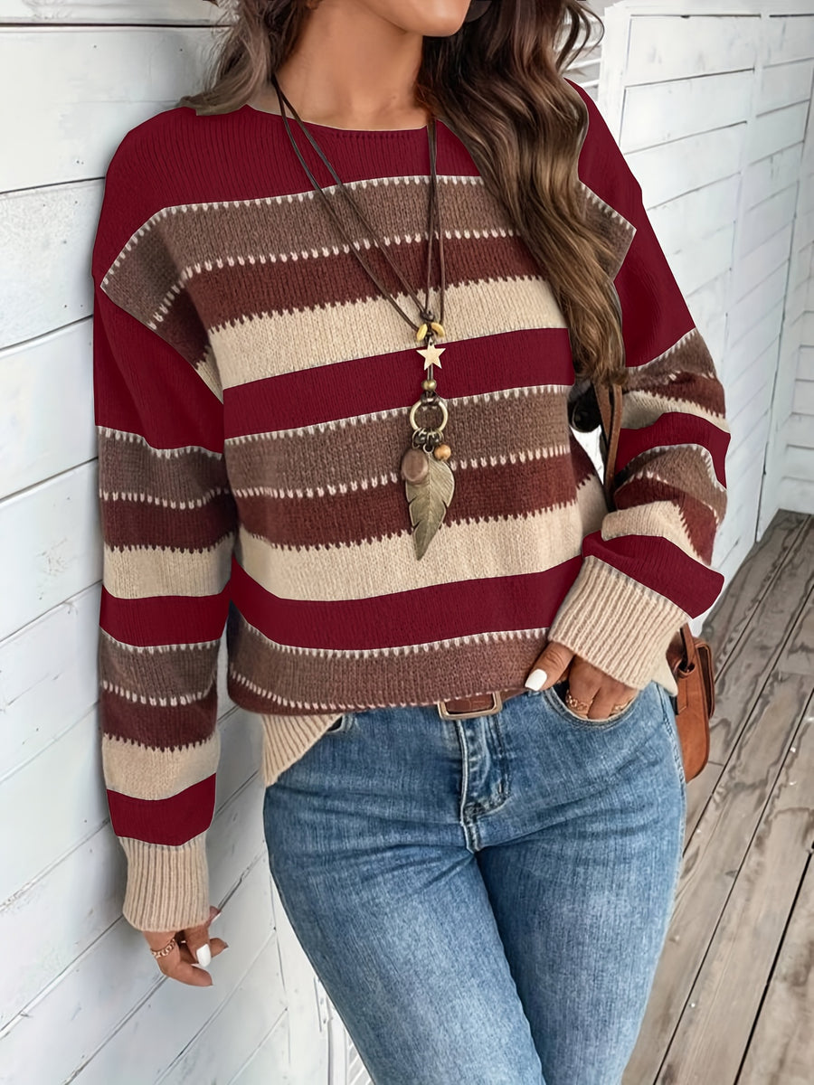 Women's Vintage Casual Sweater - Soft Medium-Stretch Round Neck Long Sleeve, Horizontal Striped Loose Fit Pullover for All-Season Comfort & Everyday Elegance, Cute Sweaters, Elegant Layering Piece, Durable Knitwear - Burgundy