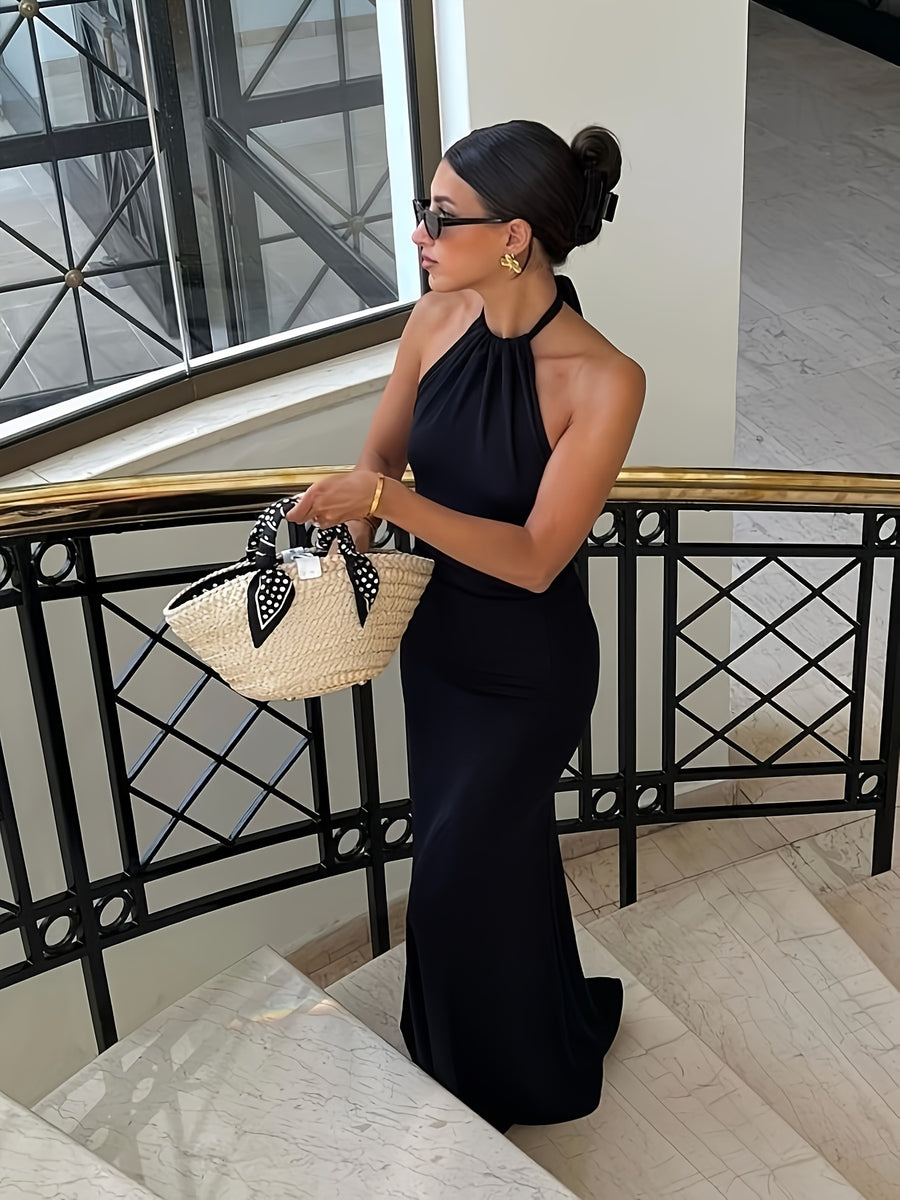 Women's Elegant Halter Neck Off-Shoulder Bodycon Dress - Fitted Waist Long Gown with Back Tie-Back Closure, High Elasticity Suitable for Parties, Weddings, Prom, Beach Vacations, Machine Washable Solid Color Dress - Black