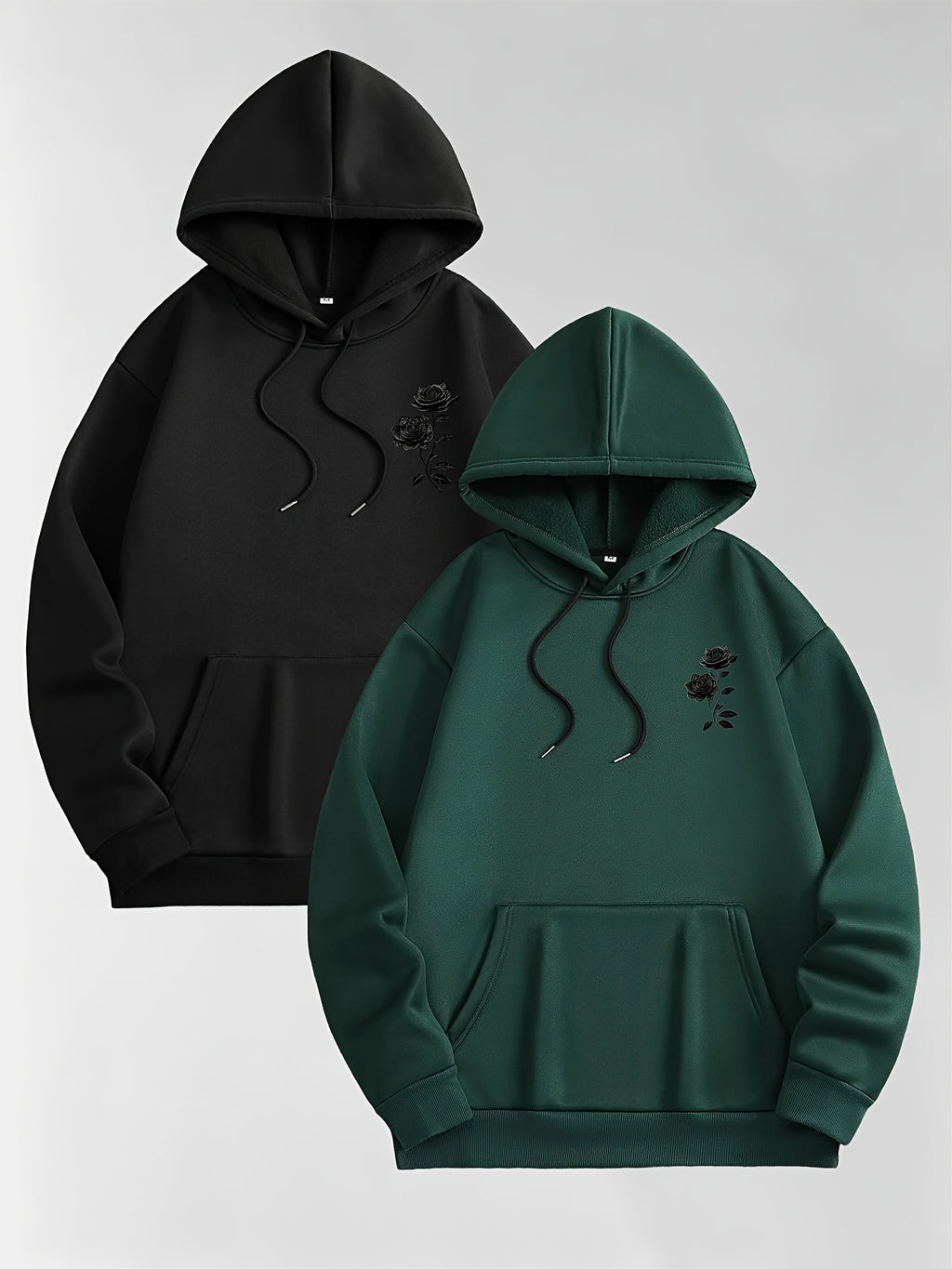 Men'S Autumn Winter Letter Print Hooded Fleece-Lined Sweatshirt, All-Match Sport Casual Loose Hooded Sweatshirt 2pcs Set - Black-Midnight Green-