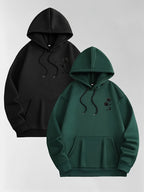 Men'S Autumn Winter Letter Print Hooded Fleece-Lined Sweatshirt, All-Match Sport Casual Loose Hooded Sweatshirt 2pcs Set - Black-Midnight Green-