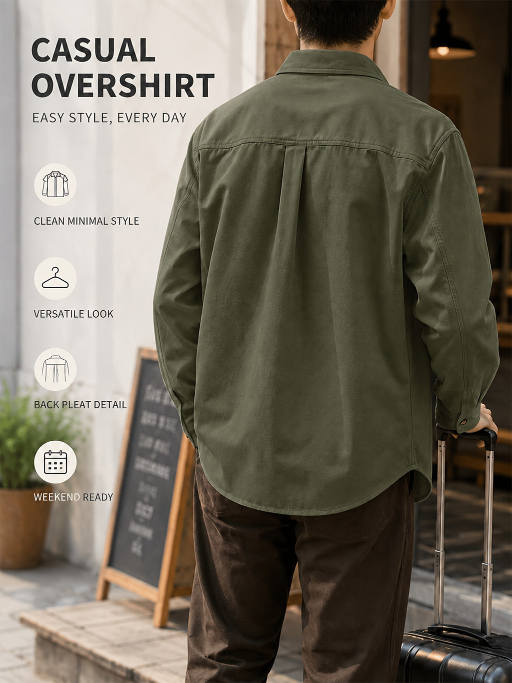 Men's Spring/Autumn Casual Long-Sleeve Shirt Jacket, Made with Skin-friendly Fabric That Is Comfortable and Breathable. Features a Classic Lapel Collar for a Neat and Structured Look, with a Chest Patch Pocket That Combines Storage with a Premium - Military Green