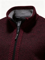 Men's Stand Collar Zip Up Knitted Cardigan Jacket, Casual Business Long Sleeve Sweater Coat with Pockets, Fall Winter Thick Warm Knit Outerwear for Men - Red