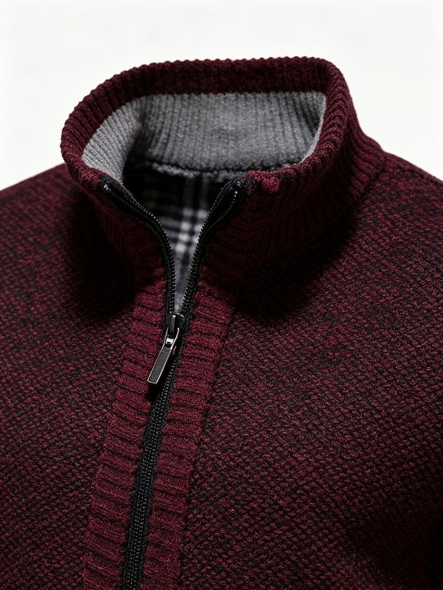 Men's Stand Collar Zip Up Knitted Cardigan Jacket, Casual Business Long Sleeve Sweater Coat with Pockets, Fall Winter Thick Warm Knit Outerwear for Men - Red
