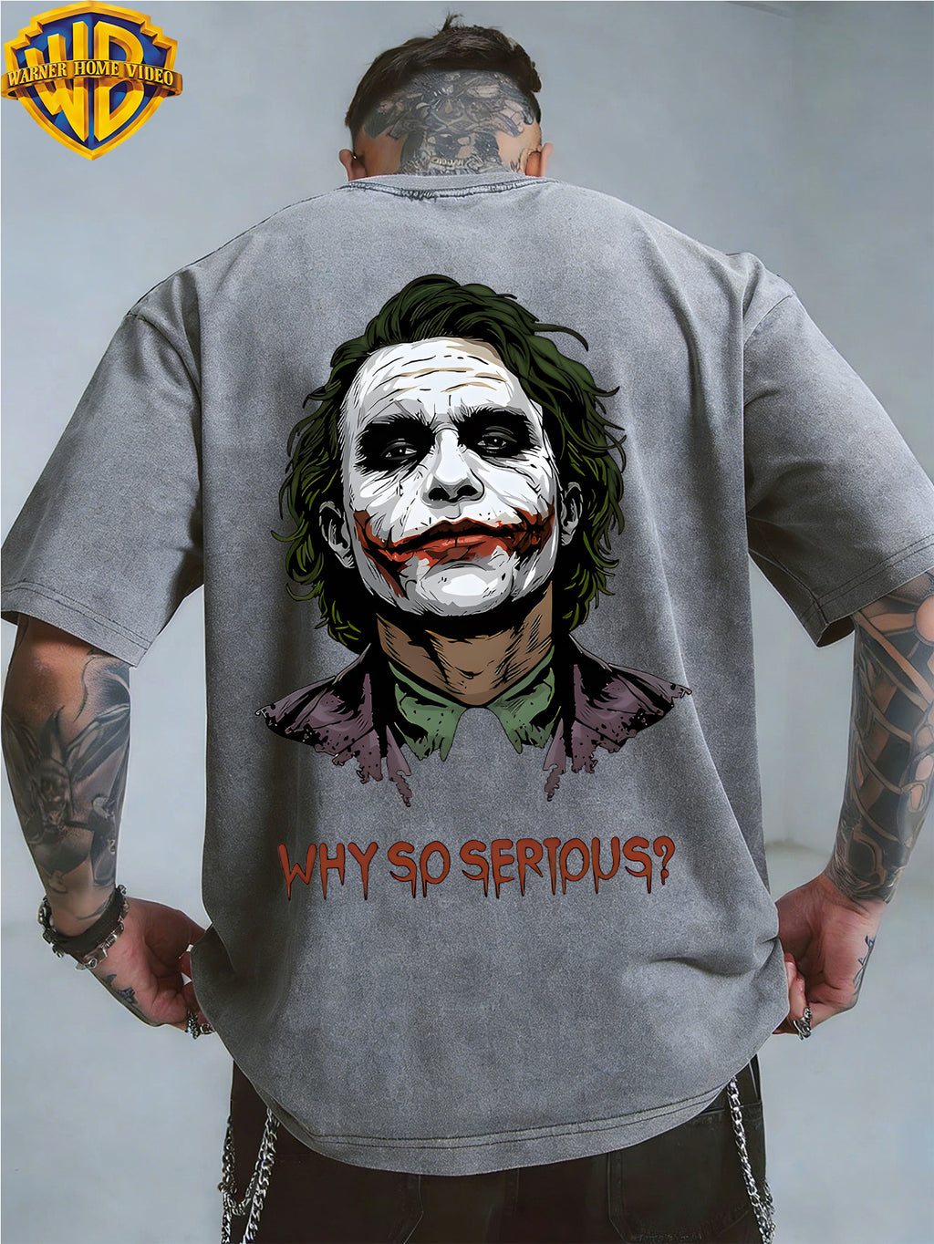 Warner Genuine Authorization, Men's Short Sleeved Heath Ledger Clown Print Pattern, American Retro Washed Distressed T-shirt, Suitable for Outdoor Sports, Daily Commuting, Machine Washable - Grey