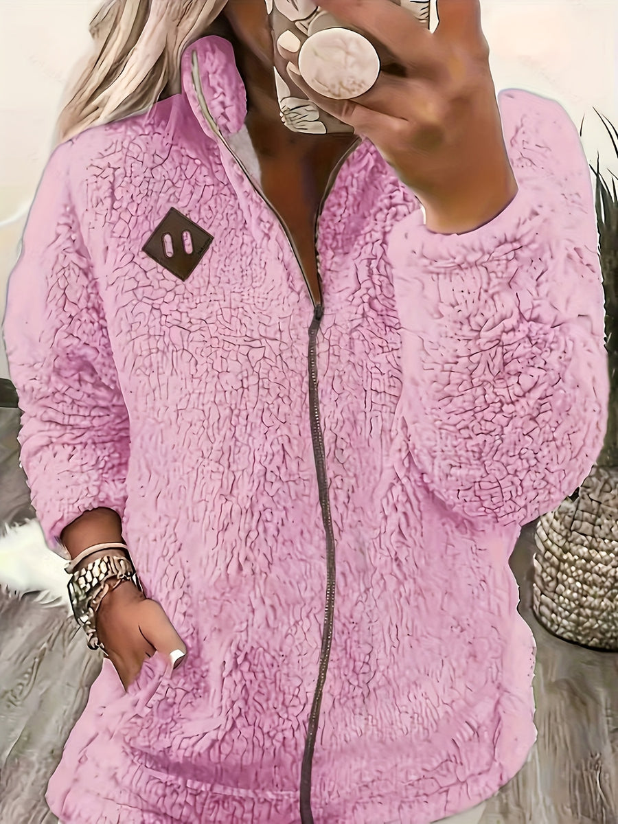 Women'S Faux Small Stand Collar Thick Jacket Coat - Bright Pink Color