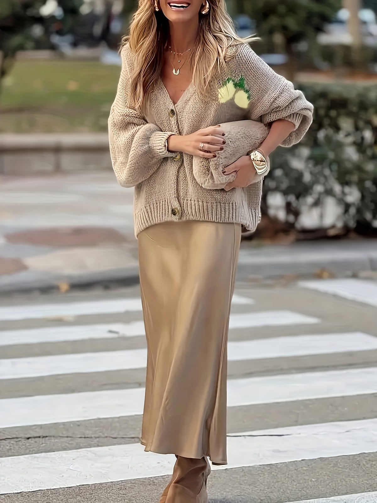 Women'S Fashion Casual Long Sleeve Button-Up Cardigan, Soft Comfortable Loose Lantern Sleeve Lemon Sweater - Khaki