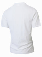 Summer Men'S Casual T-Shirt Linen Henley Collar Double-Button Men'S Short Sleeve Small V-Neck Men'S Casual Breathable Top Solid Color Breathable Commuter Casual Short Sleeve Top - White