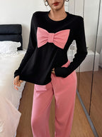 Women's Long-Sleeve Pajama Set with Contrast Color 3D Bow and Ruffle Trim - Fabric Loungewear - Mixed colors
