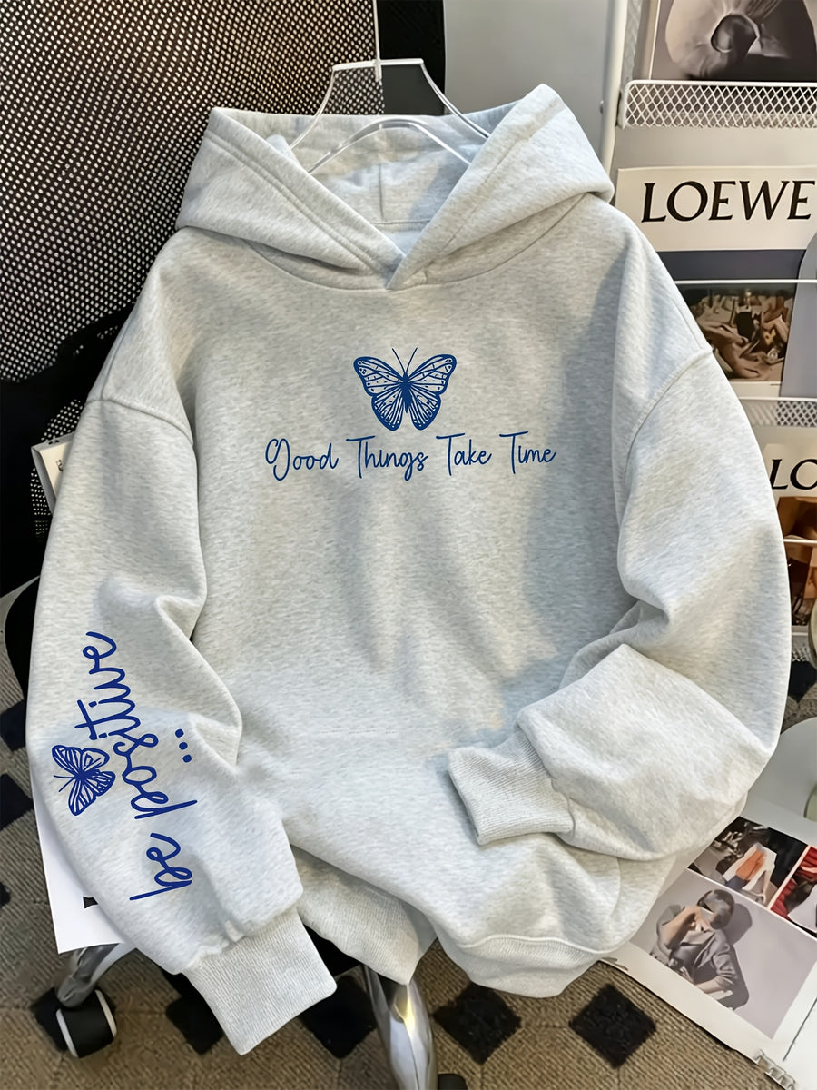 Vintage Slogan and Butterfly Print Long-Sleeve Sweatshirt, Suitable for Daily Casual Wear, Outdoor Picnics, Street Photography, and Use, Applicable for Autumn and Winter Seasons - Light Grey