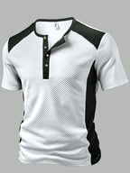 Men's Fashion Top, Spring/Summer Outdoor Casual Textured Jacquard Fabric, Color-Block Patchwork Single-Breasted Short-Sleeve Men's Henley Shirt - White