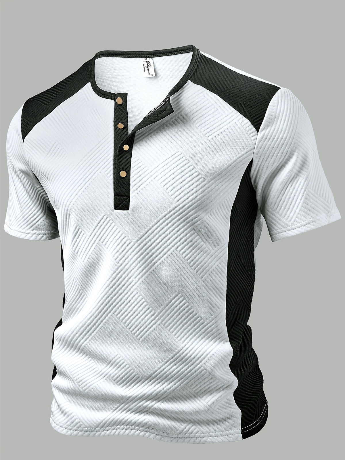 Men's Fashion Top, Spring/Summer Outdoor Casual Textured Jacquard Fabric, Color-Block Patchwork Single-Breasted Short-Sleeve Men's Henley Shirt - White