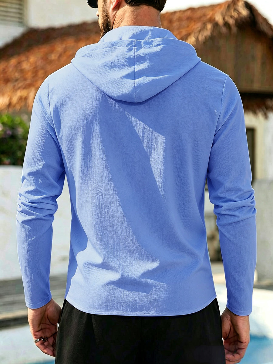 Men's Coconut Tree Print Hooded Long-Sleeve Shirt, Slightly Wrinkled Textured Casual Button-Up Cardigan, Summer Lightweight Breathable Vacation Top, Hawaiian Beach Jacket, Shirt Style + Hood with Drawstring, Suitable for Beach Trips, City Strolls - Sky Blue