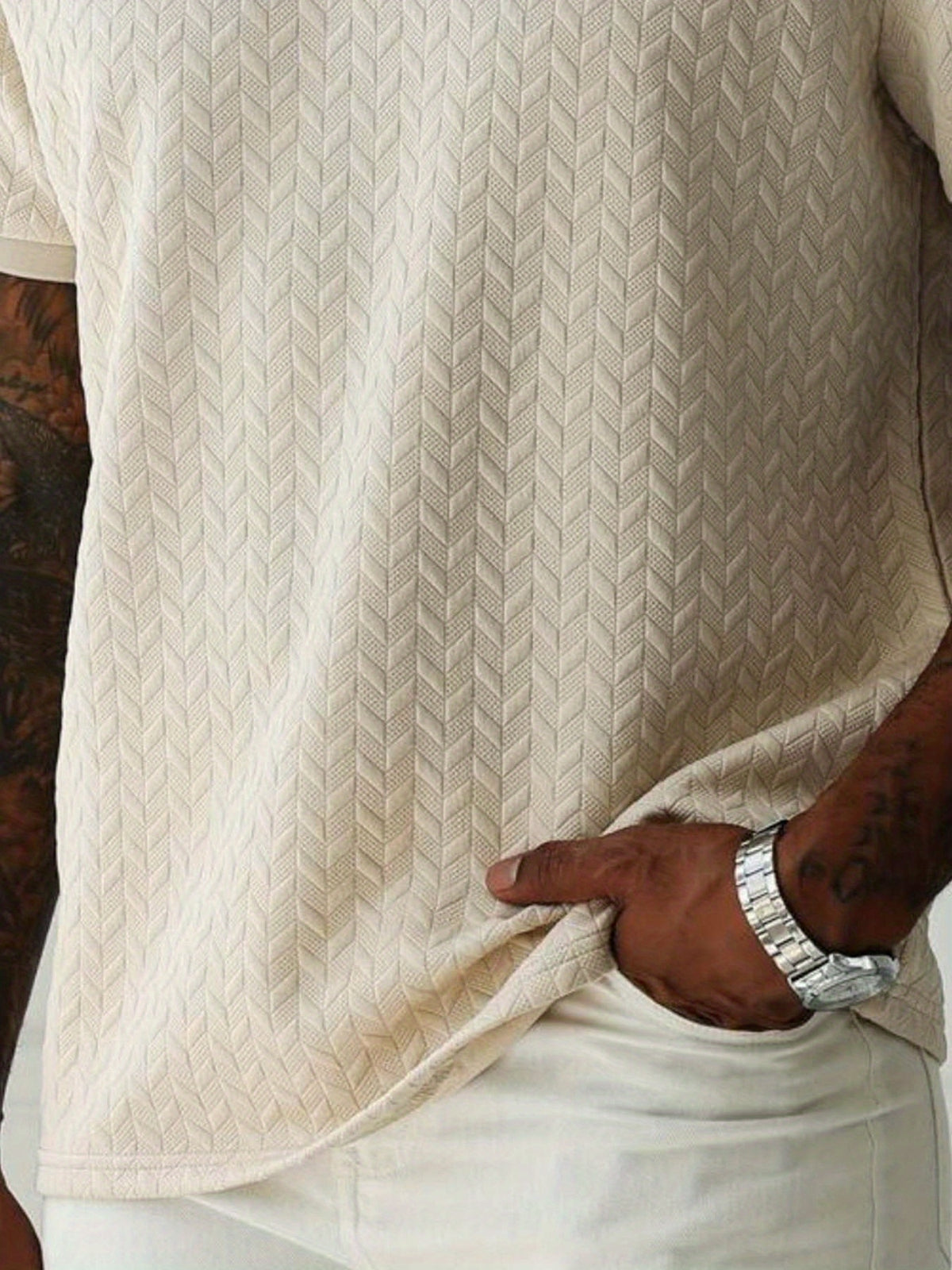 Men'S Summer Fashion Breathable Polo Shirt Short Sleeve, Easy Style, 3D Jacquard Texture Fabric, Vertical Texture Very Good, Zipper Collar Design, Easy Style Small Print Pattern And Zipper Details - Khaki