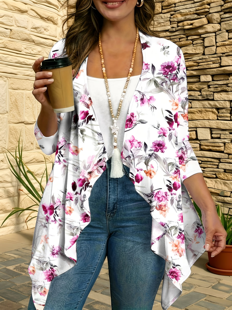 Women's Floral Elegant Print Cardigan, Lightweight, Airy, and Comfortable, Suitable for Spring, Summer, and Autumn, a Versatile Layering Piece for Daily Casual Wear, Beach Outings, and Vacations - Purple
