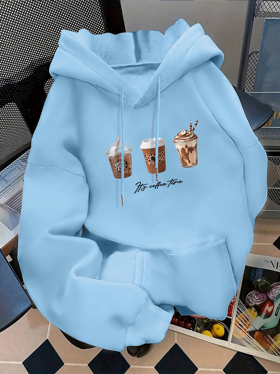 Women's Fashion Hoodie with Three Cups of Coffee H's COFFE TIME Print Kangaroo Pocket Long Sleeve Sweatshirt for Autumn and Winter, Ideal for Daily Casual Wear, Outings, and Parties - Sky Blue