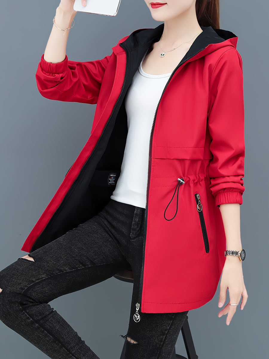 Reversible Women'S Trench Coat Jacket, Mid-Length Hooded Outerwear, Spring/Autumn Red And Green Contrast, Adjustable Waist Tie, Casual Elegant Outdoor Cardigan Top, Front Pocket Zipper Design, Non-Stretch Fabric, Fashionable Jacket - Red