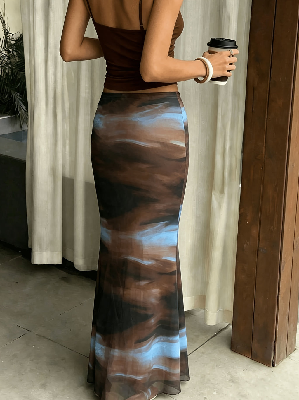 Women'S Y2K Aesthetic Style High-Waisted Mesh Gradient Floral Skirt - Elegant And Fashionable Slim-Fitting Fish Tail Long Dress, for Daily Wear/Dating/Vacation - Blue