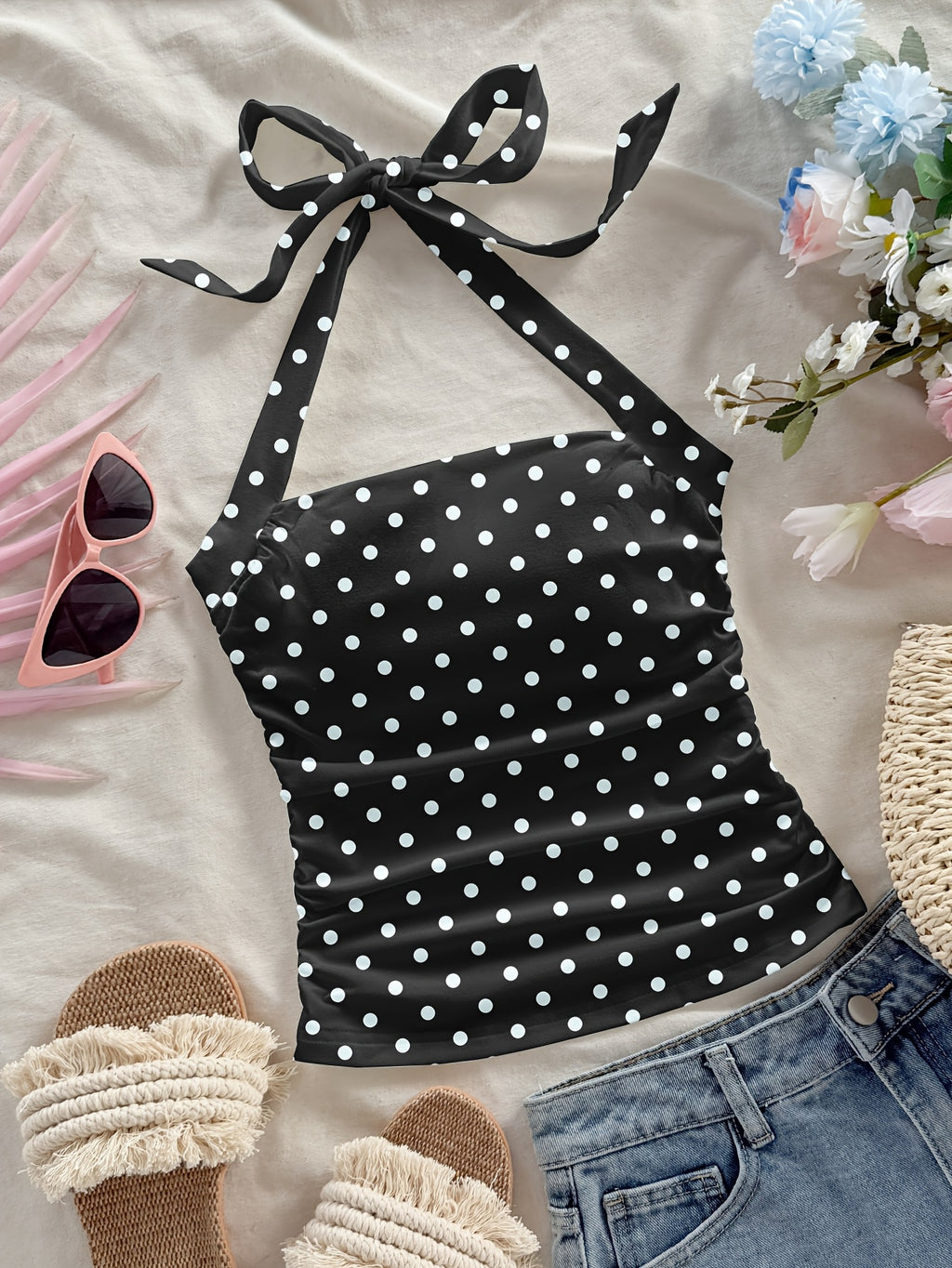 Women's Fashion Casual Floral Black Polka Dot Pattern Halter Neck Cropped Bodycon Tank Top for Summer Vacation - Black