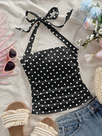 Women's Fashion Casual Floral Black Polka Dot Pattern Halter Neck Cropped Bodycon Tank Top for Summer Vacation - Black