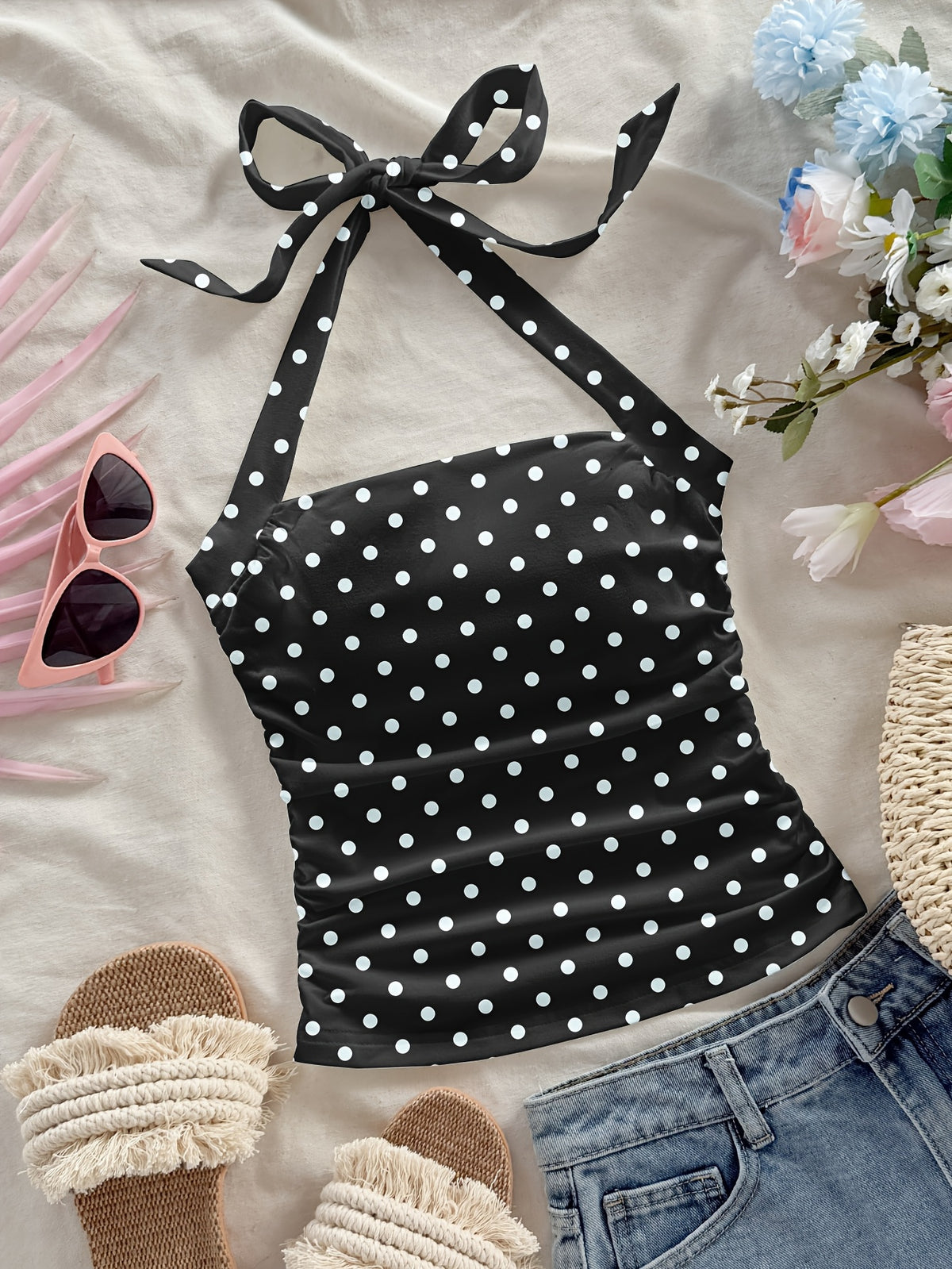 Women's Fashion Casual Floral Black Polka Dot Pattern Halter Neck Cropped Bodycon Tank Top for Summer Vacation - Black