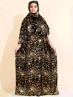 Women's Pattern Robe with Beige Tassel Set, Arabic Luxury Abaya, Headscarf, Elegant Round Neck Dress, Short Sleeve Style - Mixed colors